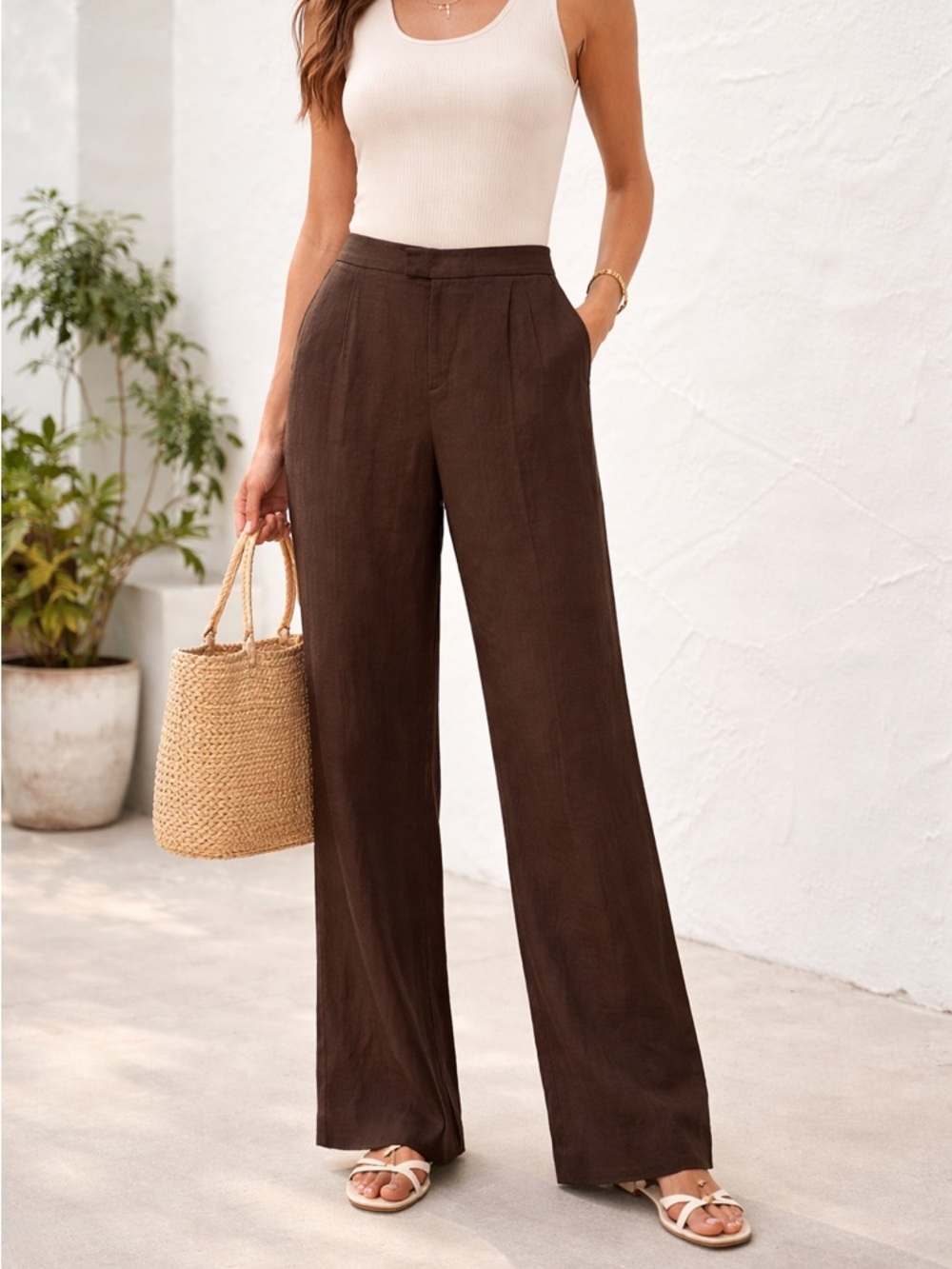 Ellen Tracy Wide-Leg High-Rise Linen Pants in Dark Brown